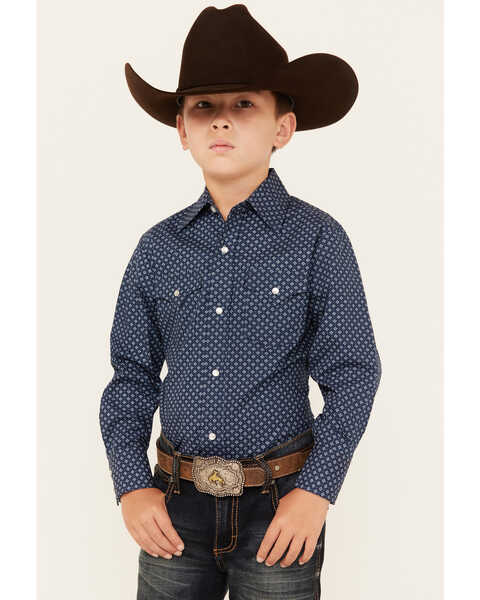 Ely Walker Boys' Geo Print Long Sleeve Pearl Snap Western Shirt , Navy, hi-res