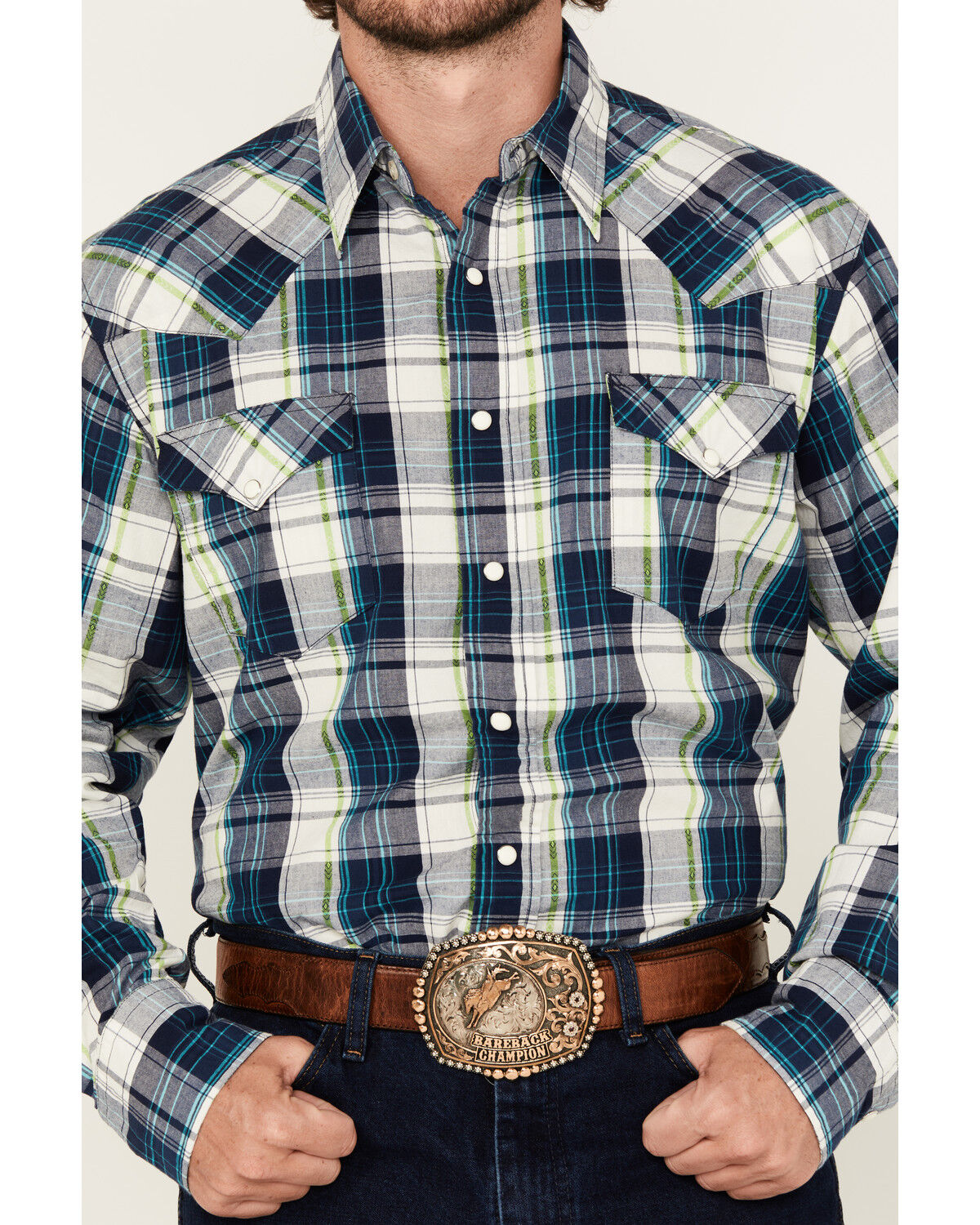 Image #3 - Roper Men's West Made Plaid Print Long Sleeve Snap Western Shirt, Blue, hi-res