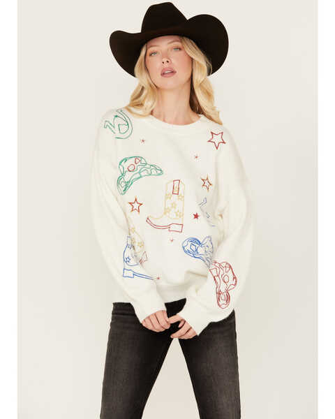 Blue B Women's Metallic Embroidered Western Sweater , White, hi-res