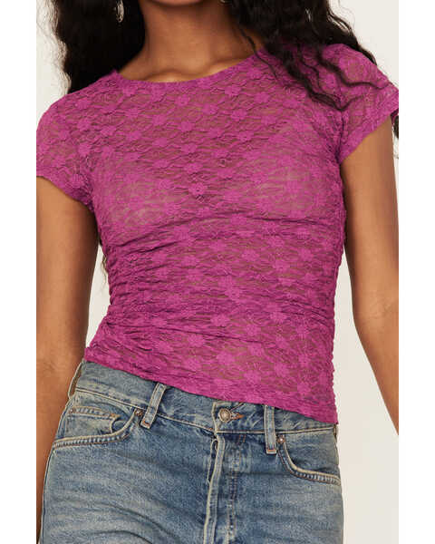 Image #3 - Free People Women's Keep It Simple Lace Short Sleeve Top, Magenta, hi-res