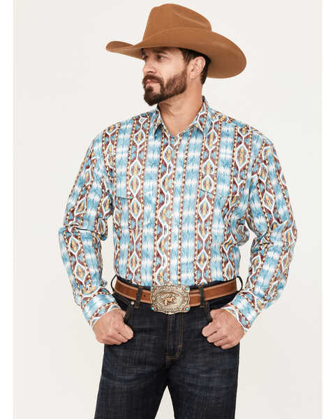 Wrangler Men's Southwestern Print Long Sleeve Pearl Snap Western Shirt, Multi, hi-res