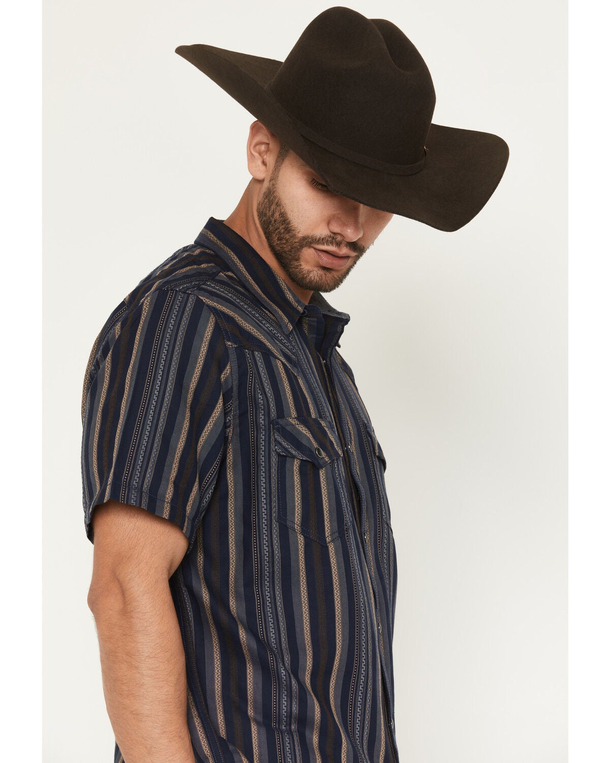Image #2 - Cody James Men's Highland Rim Striped Print Short Sleeve Snap Western Shirt, Navy, hi-res