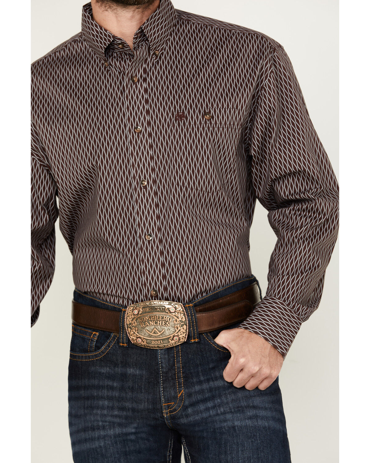 Image #3 - Wrangler Men's Classics Geo Print Long Sleeve Button-Down Western Shirt - Big, Burgundy, hi-res