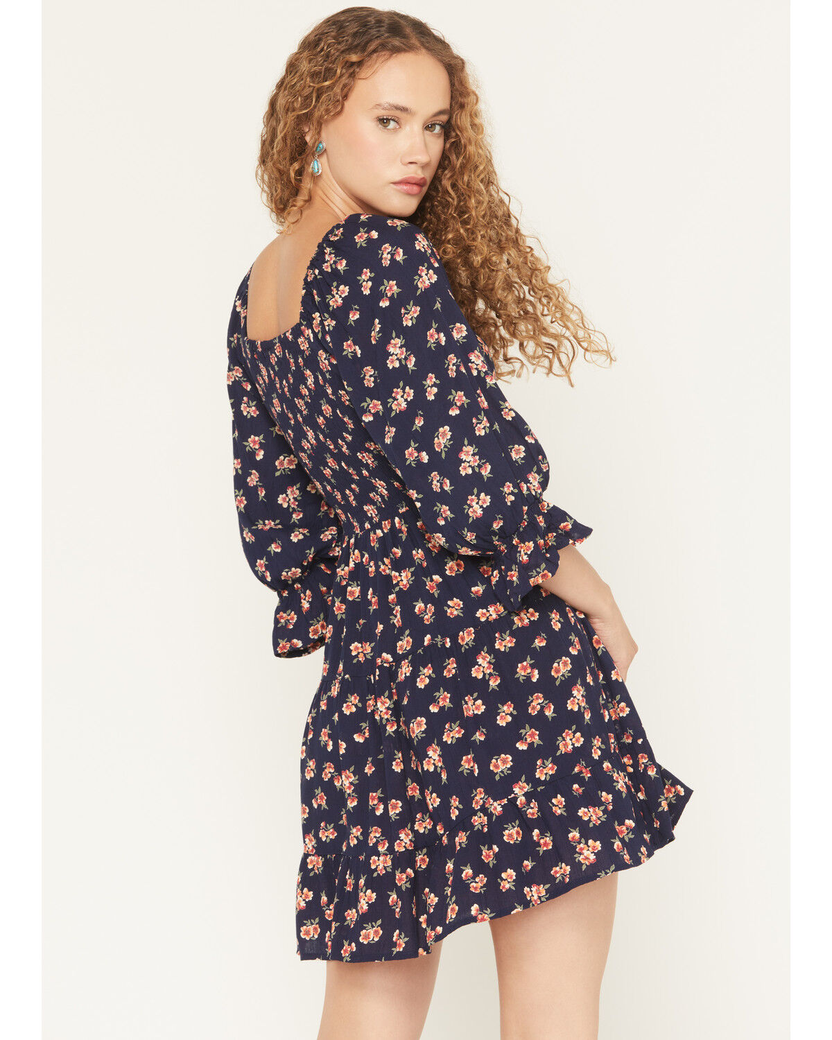 Image #4 - Angie Women's Floral Print Knot Front Mini Dress, Navy, hi-res