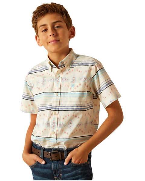 Image #1 - Ariat Boys' Sandshell Southwestern Striped Short Sleeve Button-Down Western Shirt , Sand, hi-res
