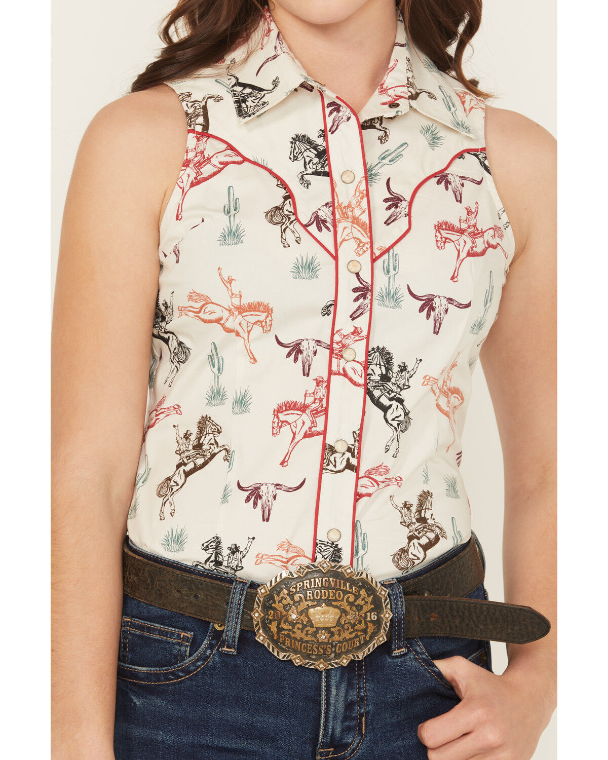 Image #3 - Rock & Roll Denim Women's Western Conversation Print Sleeveless Snap Western Shirt, Natural, hi-res