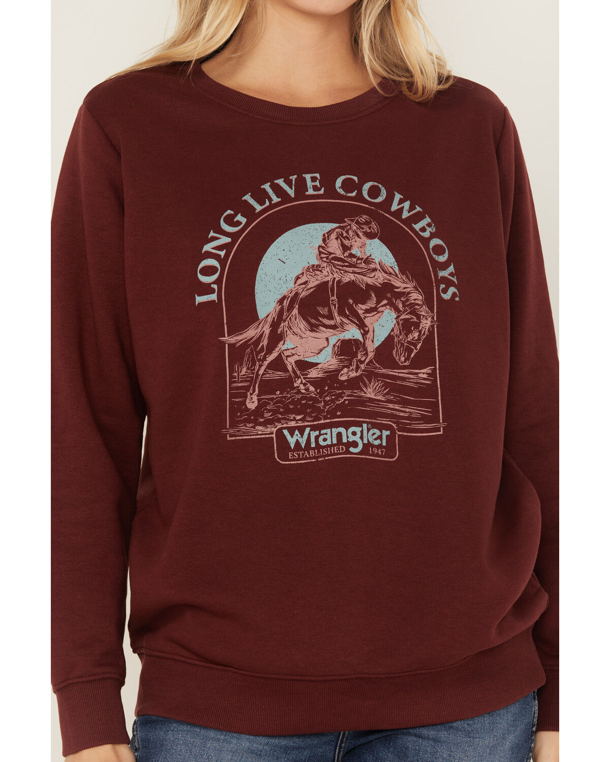Image #3 - Wrangler Women's Boot Barn Exclusive Long Live Cowboys Graphic Crewneck, Burgundy, hi-res