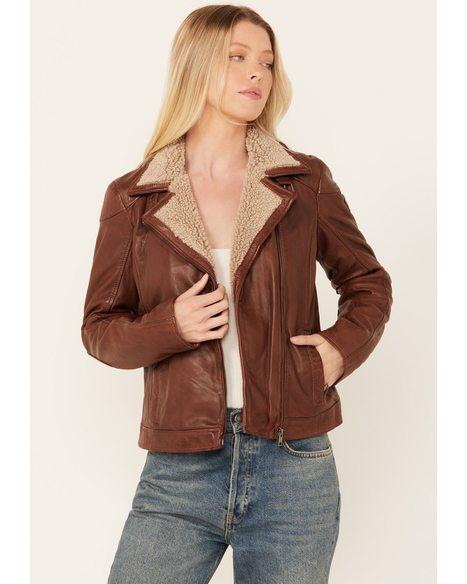 Sherpa collar leather jacket sale
