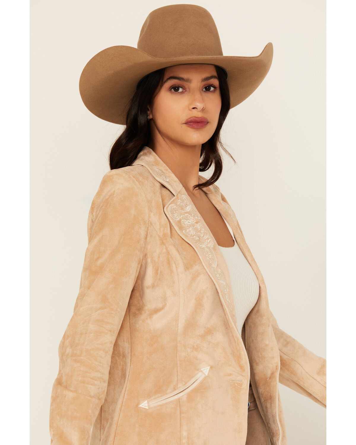 Image #2 - Panhandle Women's Faux Suede Floral Embroidered Blazer, Tan, hi-res