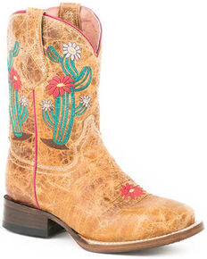 Roper Girls' Cactus Flower Western Boots - Square Toe, Brown, hi-res