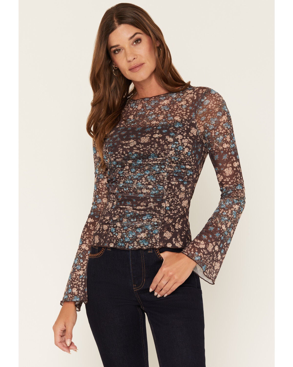 Image #1 - Ash & Violet Women's Floral Print Mesh Long Sleeve Top, Brown, hi-res