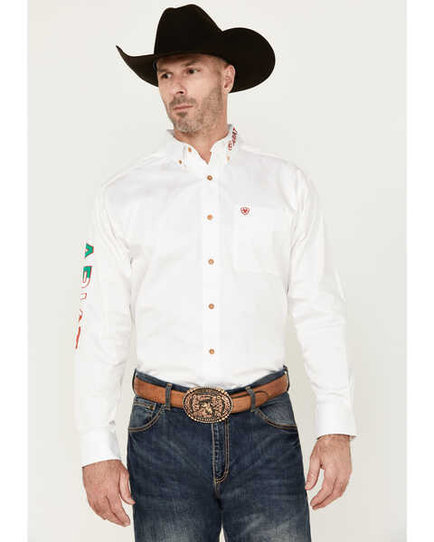 Image #1 - Ariat Men's Team Mexico Logo Twill Classic Fit Long Sleeve Button-Down Western Shirt , White, hi-res