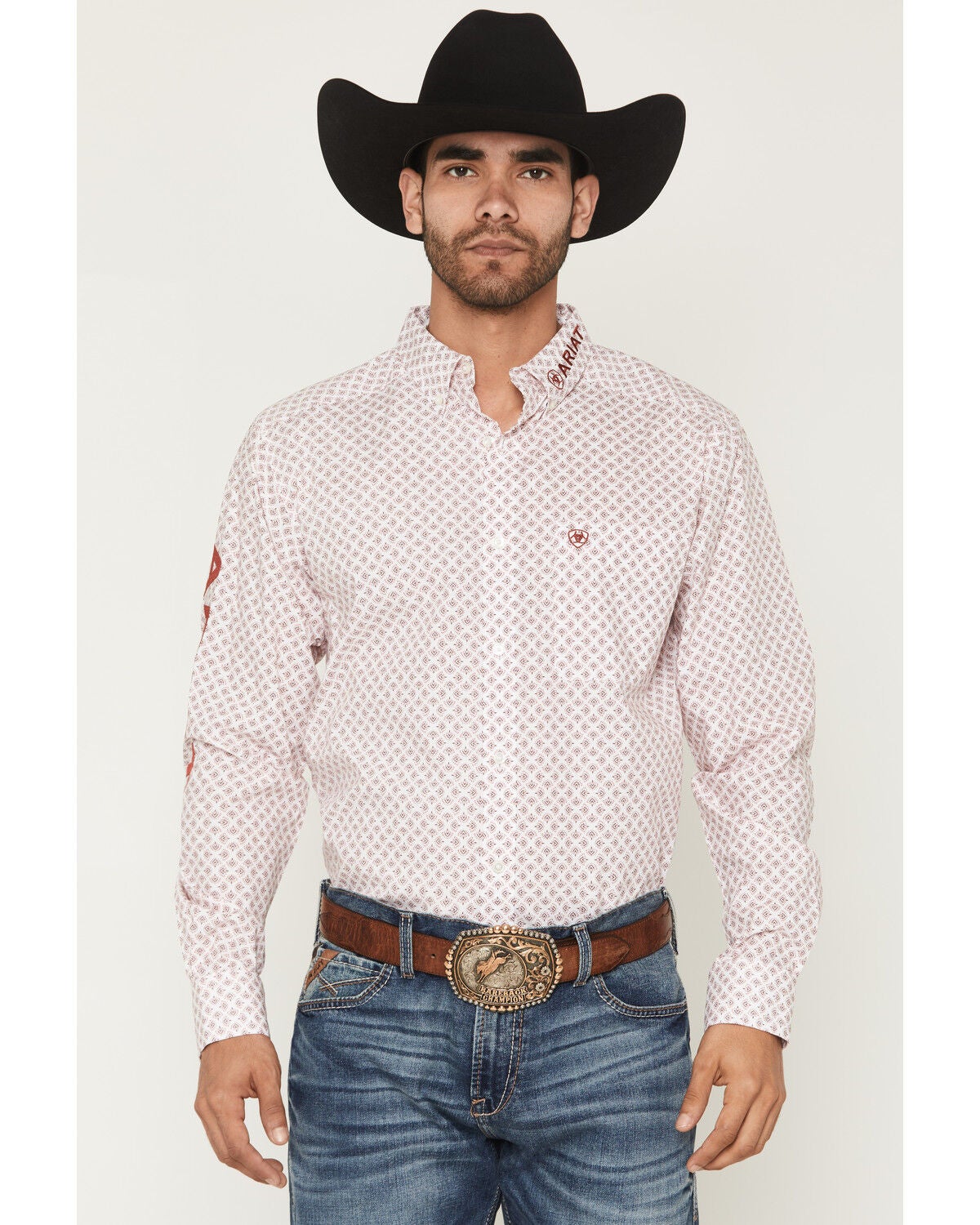 Image #1 - Ariat Men's Team Donovan Feather Print Long Sleeve Button-Down Western Shirt, White, hi-res