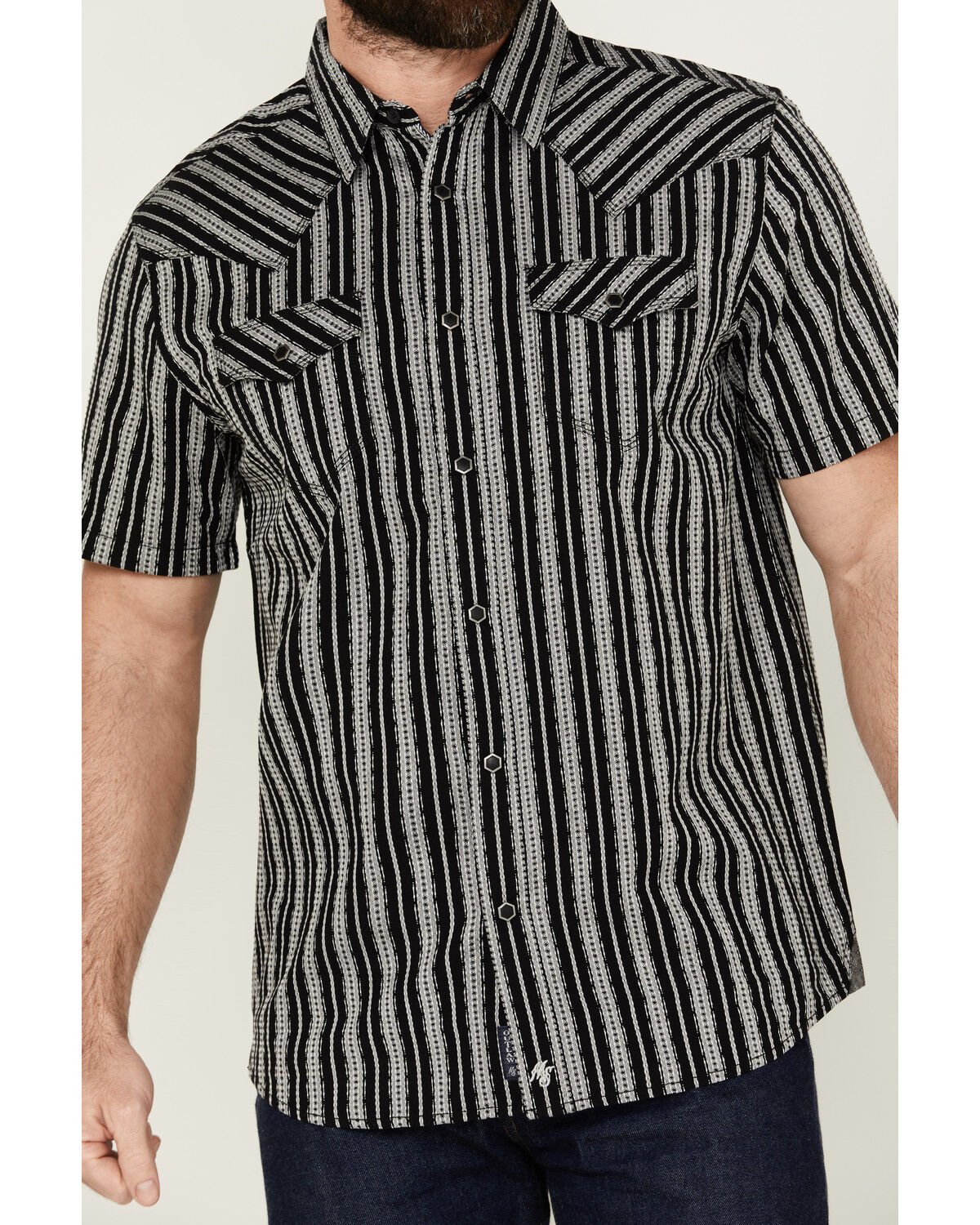 Image #3 - Moonshine Spirit Men's Flock Striped Short Sleeve Snap Western Shirt, Black, hi-res