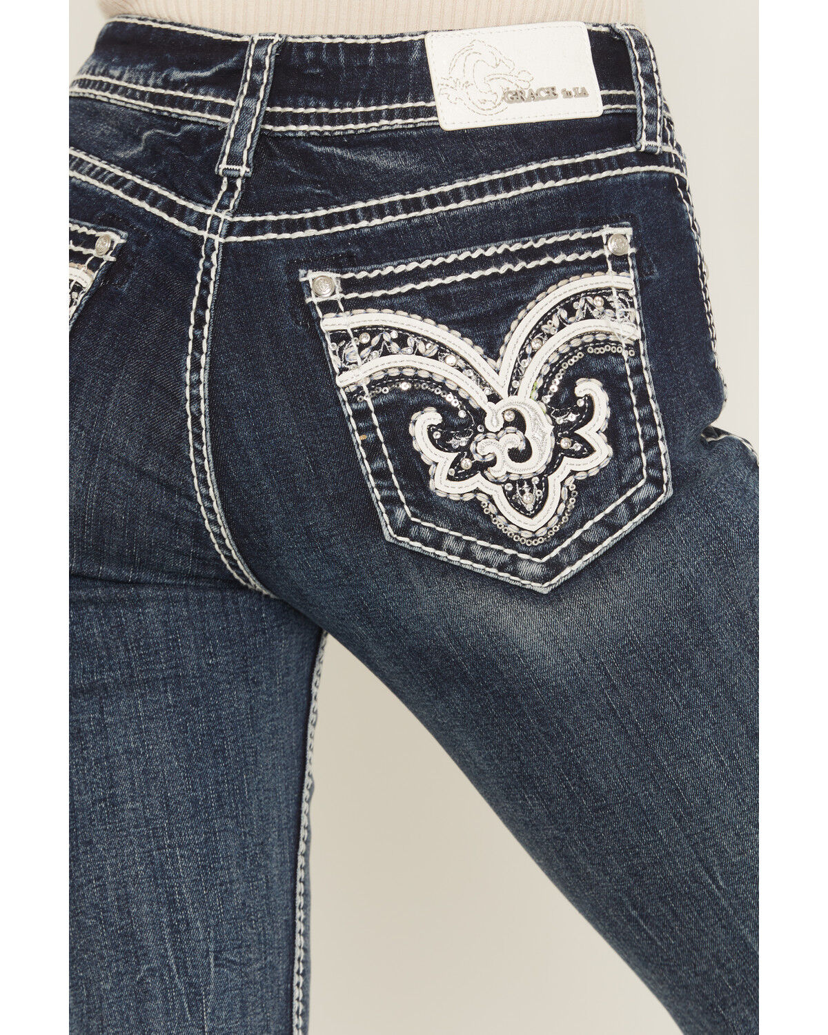 Image #2 - Grace in LA Women's Medium Wash Mid Rise Embellished Bootcut Stretch Denim Jeans, Medium Wash, hi-res