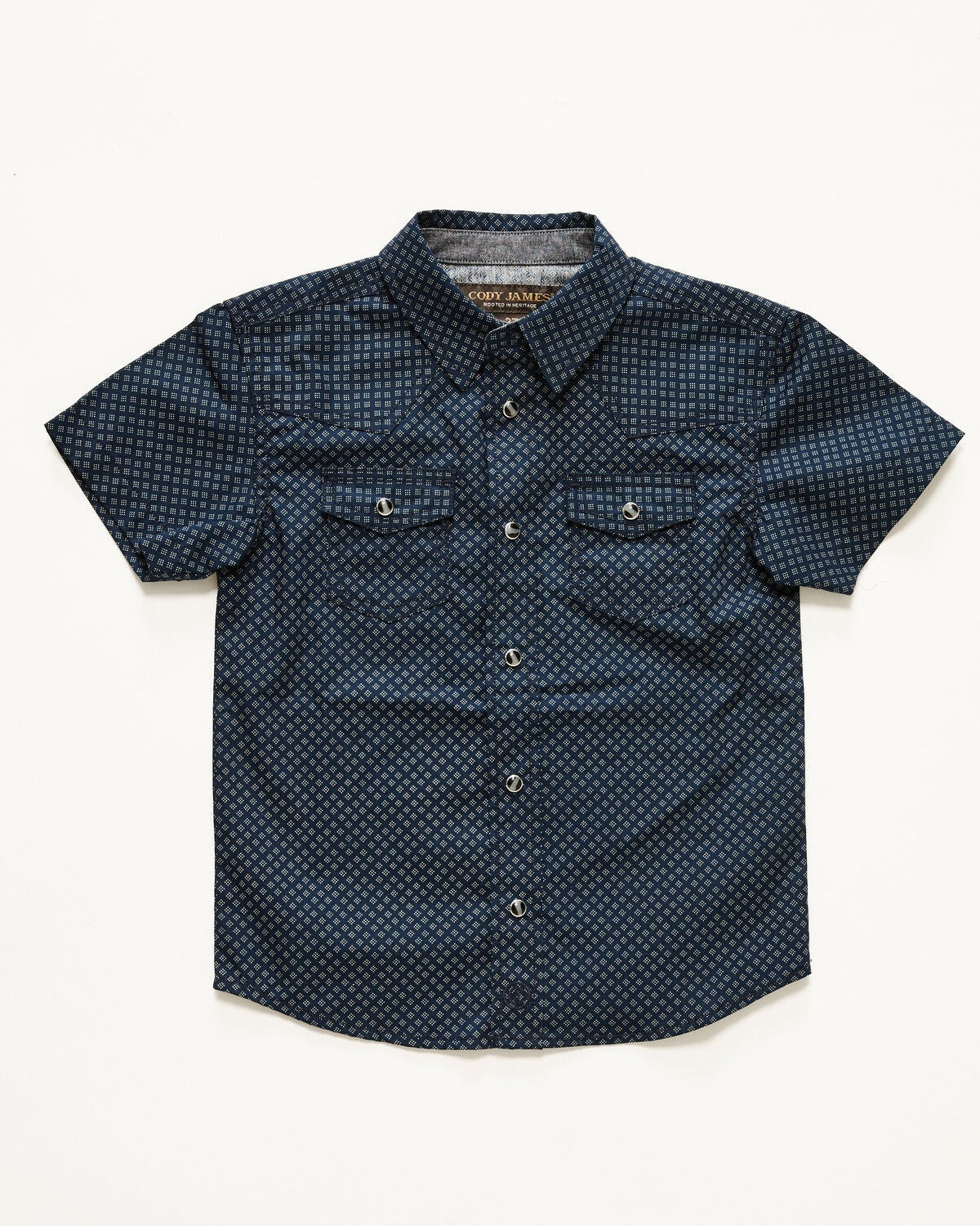 Image #1 - Cody James Toddler Boys' Tripp Geo Print Short Sleeve Snap Western Shirt, Navy, hi-res