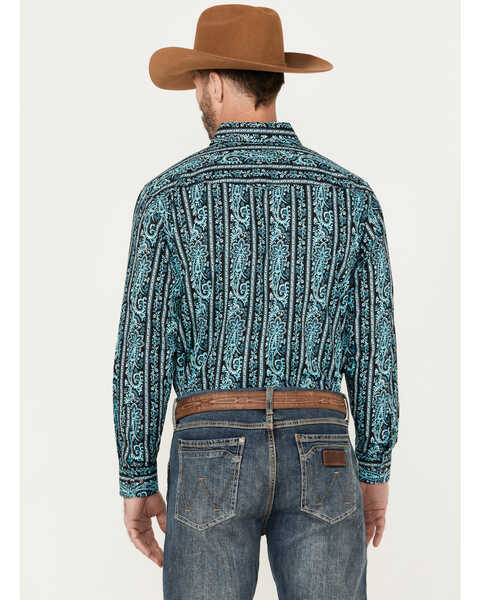 Image #4 - Panhandle Select Men's Paisley Striped Print Long Sleeve Western Snap Shirt, Turquoise, hi-res
