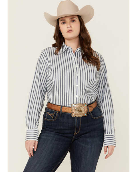 Ariat Women's Kirby Striped Print Long Sleeve Button-Down Stretch Western Shirt - Plus , Blue, hi-res
