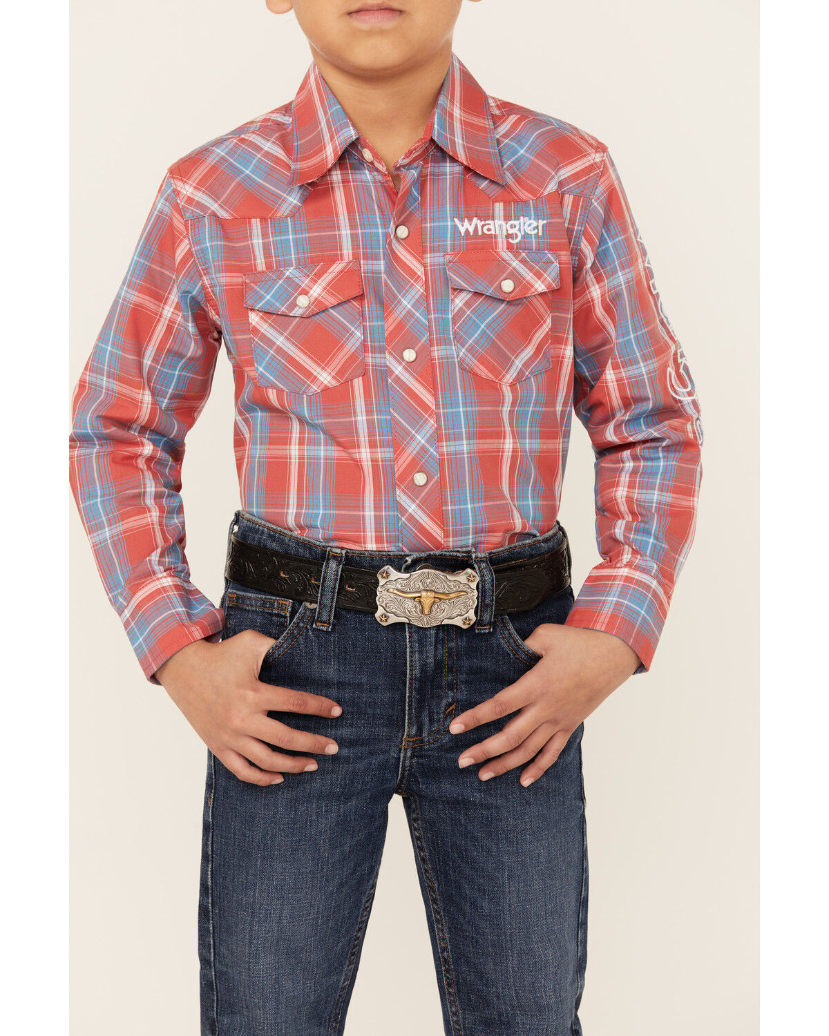 Image #3 - Wrangler Boys' Logo Plaid Print Long Sleeve Snap Western Shirt, Red, hi-res