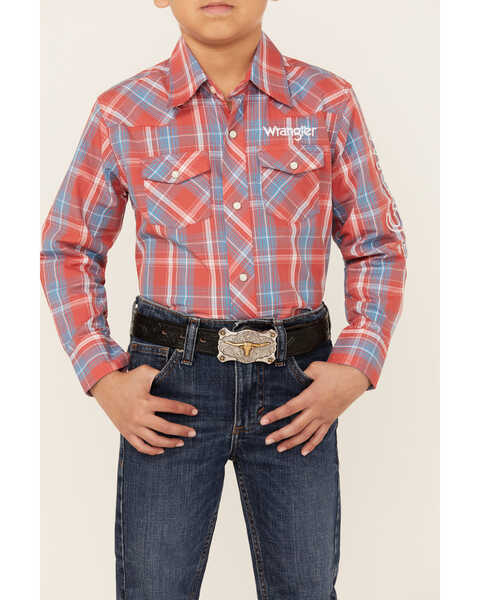 Image #3 - Wrangler Boys' Logo Plaid Print Long Sleeve Snap Western Shirt , Red, hi-res