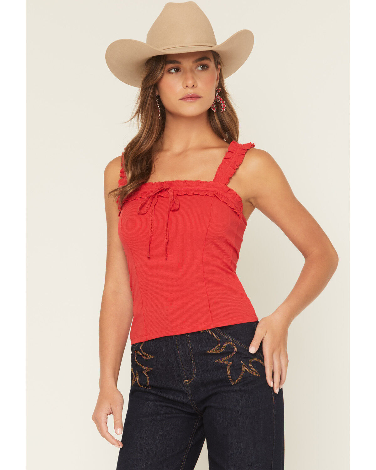 Image #1 - Miss Me Women's Solid Ruffle Tank Top, Red, hi-res