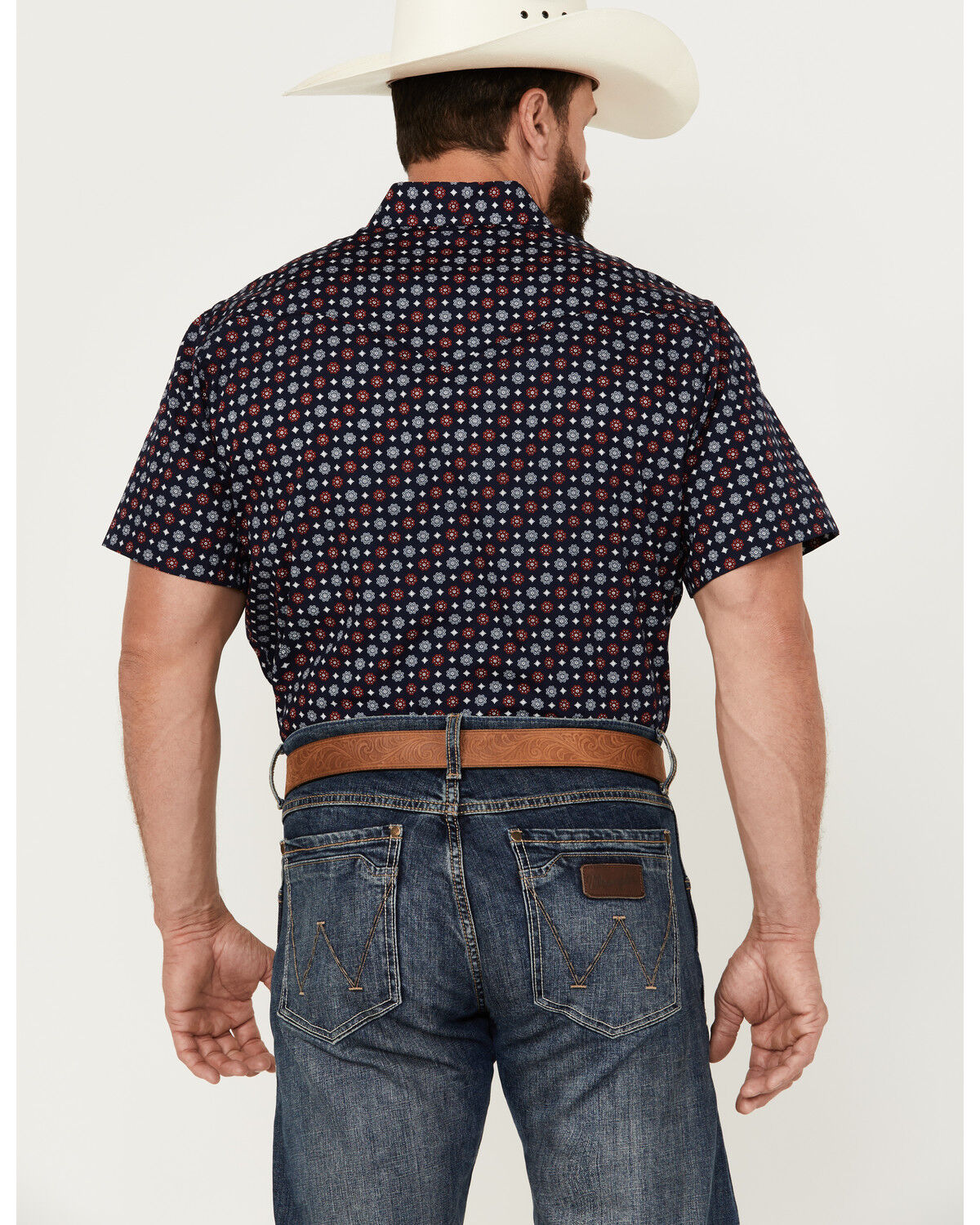 Image #4 - Rodeo Clothing Men's Medallion Print Short Sleeve Snap Western Shirt, Navy, hi-res