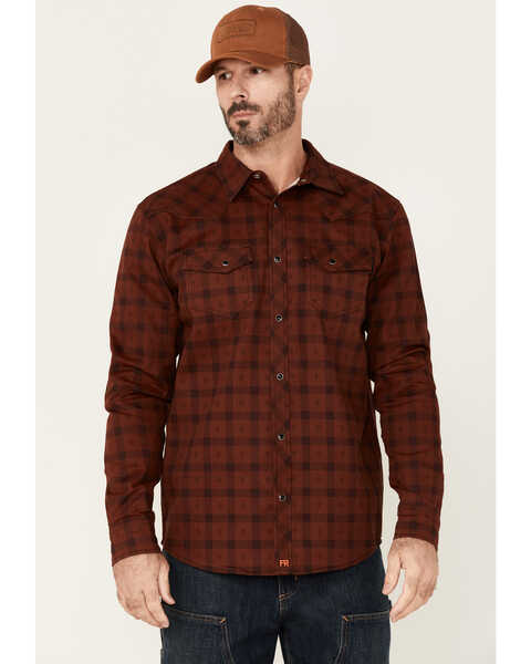 Cody James Men's FR Southwestern Plaid Print Long Sleeve Snap Work Shirt , Wine, hi-res