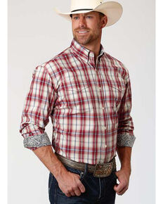 Roper Amarillo Men's Vintage Red Plaid Long Sleeve Western Shirt , Red, hi-res