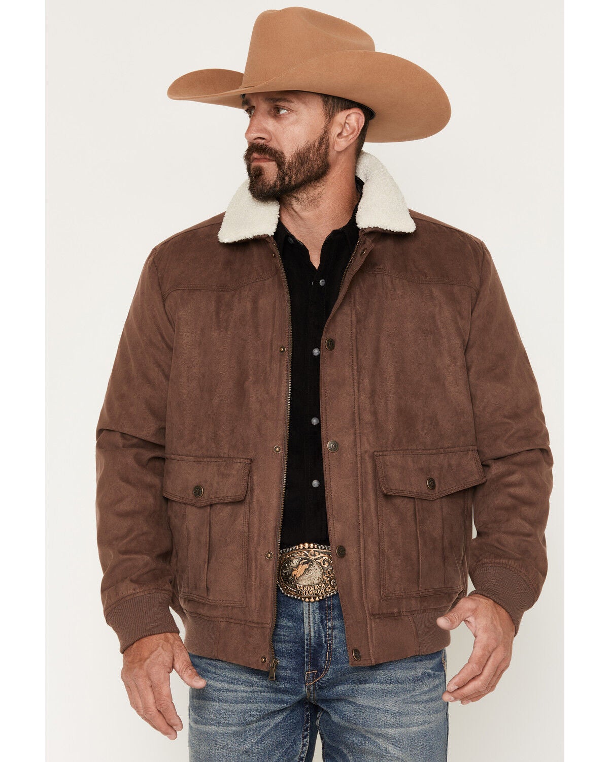 Cody James Men's Edward Faux Suede Snap Sherpa Bomber Jacket, Dark Brown, hi-res