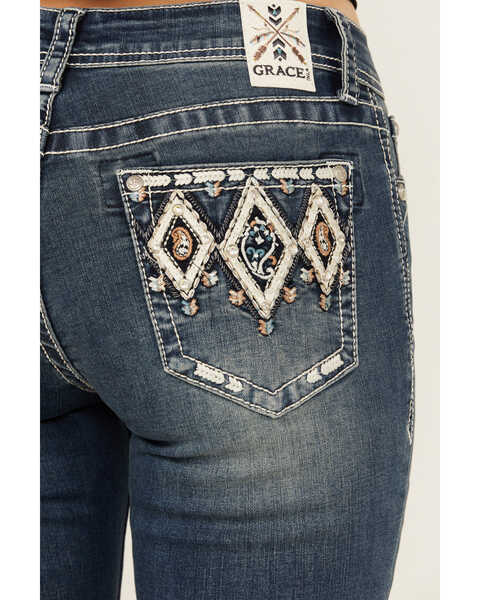 Image #2 - Grace in LA Women's Dark Wash Mid Rise Diamond Embroidered Pocket Stretch Bootcut Jeans , Dark Wash, hi-res