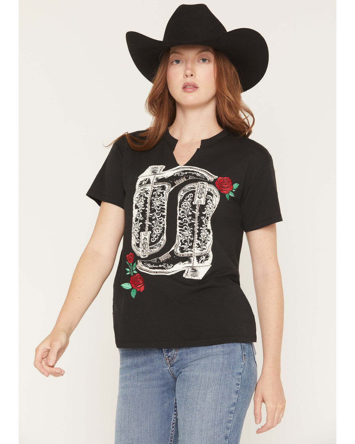 Image #1 - Blended Women's Boot Rose Short Sleeve Graphic Tee, Black, hi-res