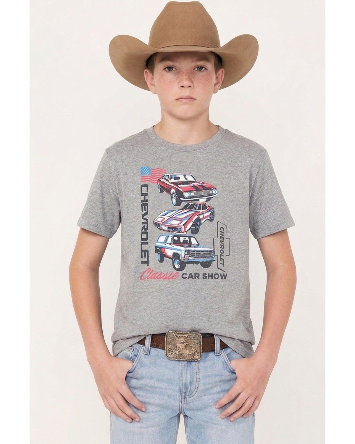 Image #1 - Chevy Boys' American Show Short Sleeve Graphic T-Shirt, Grey, hi-res