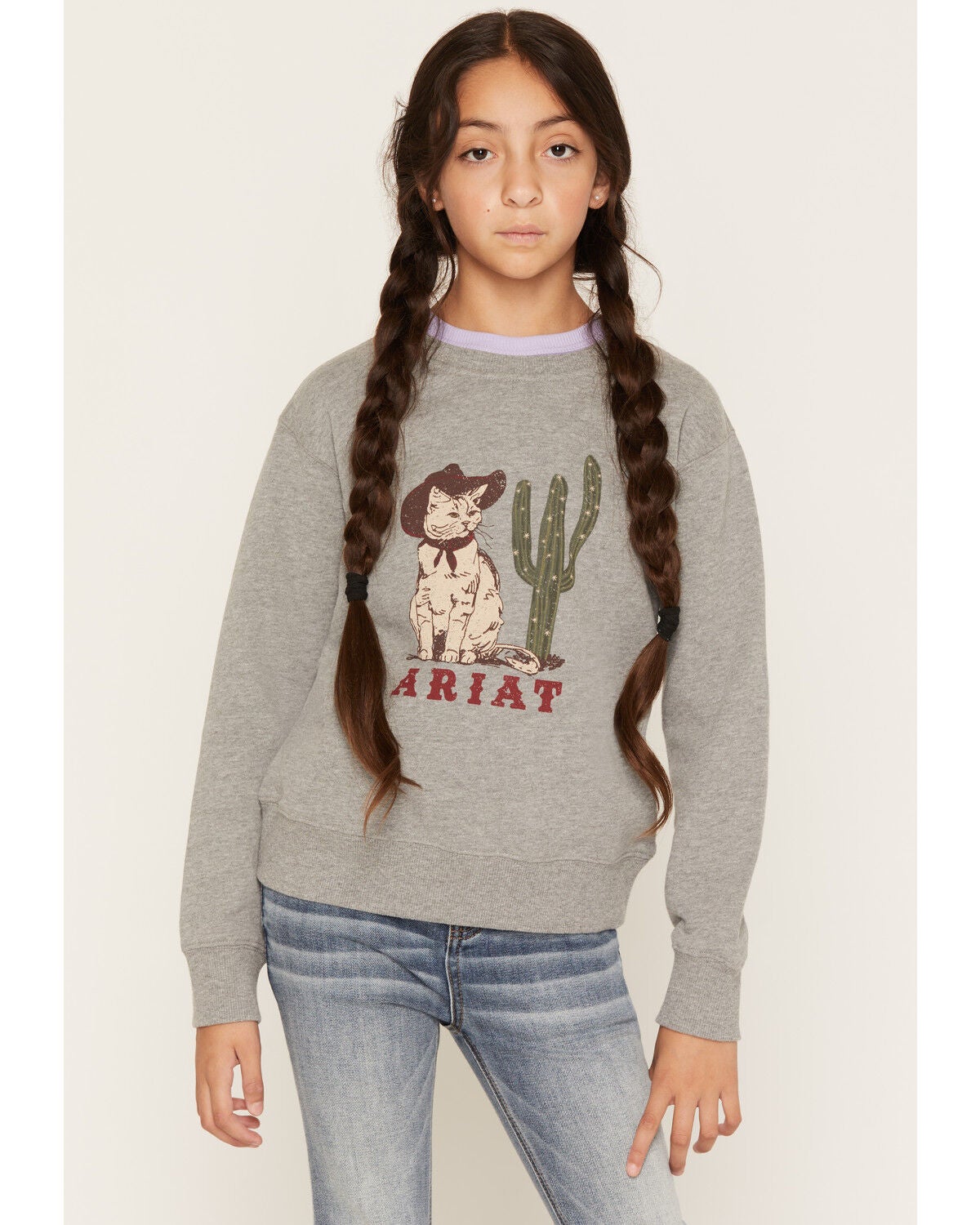 Ariat Girls' Sassy Cat Sweatshirt, Grey, hi-res