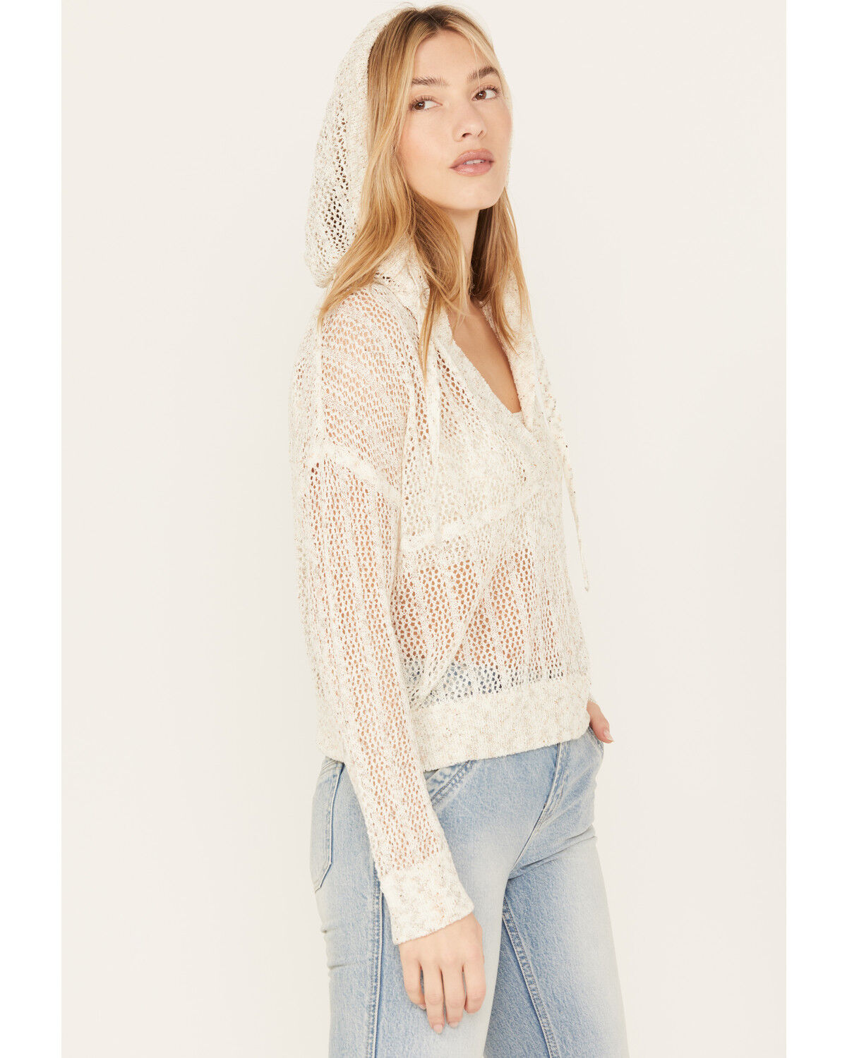 Image #2 - Cleo + Wolf Women's Blythe Deep V Weave Hooded Pullover, Cream, hi-res