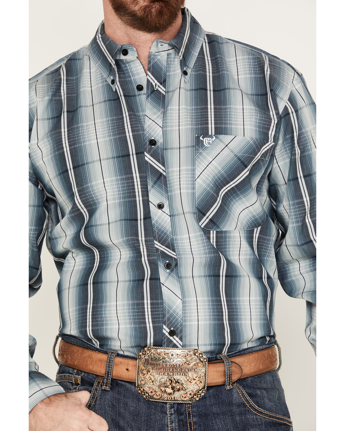 Image #3 - Cowboy Hardware Men's Gradient Plaid Print Long Sleeve Button Down Western Shirt, Blue, hi-res
