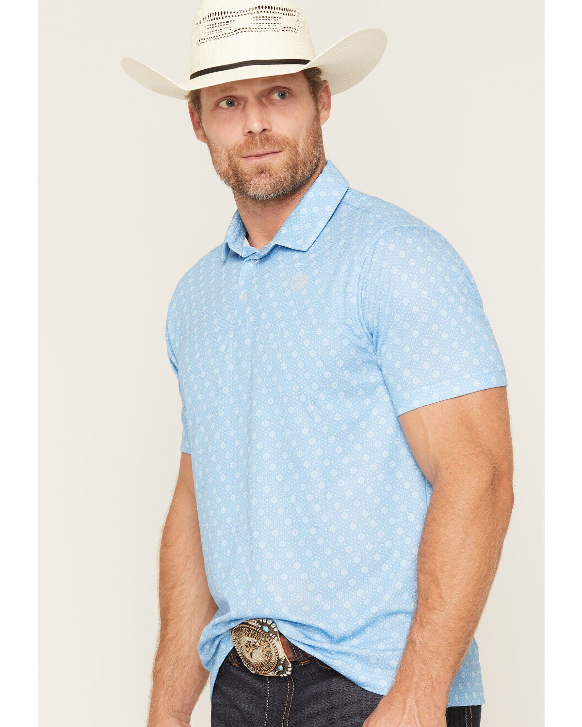 Image #2 - Rock & Roll Denim Men's Geo Print Short Sleeve Button-Down Stretch Polo, Blue, hi-res