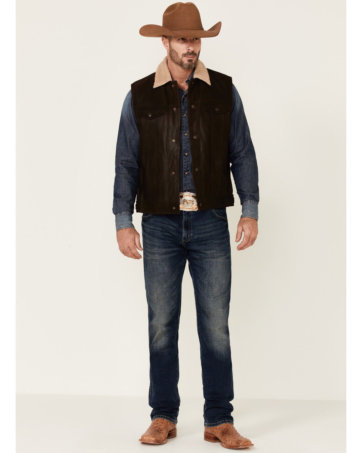 Image #2 - Cripple Creek Men's Mocha Lightweight Buffalo Nappa Snap-Front Leather Vest, , hi-res