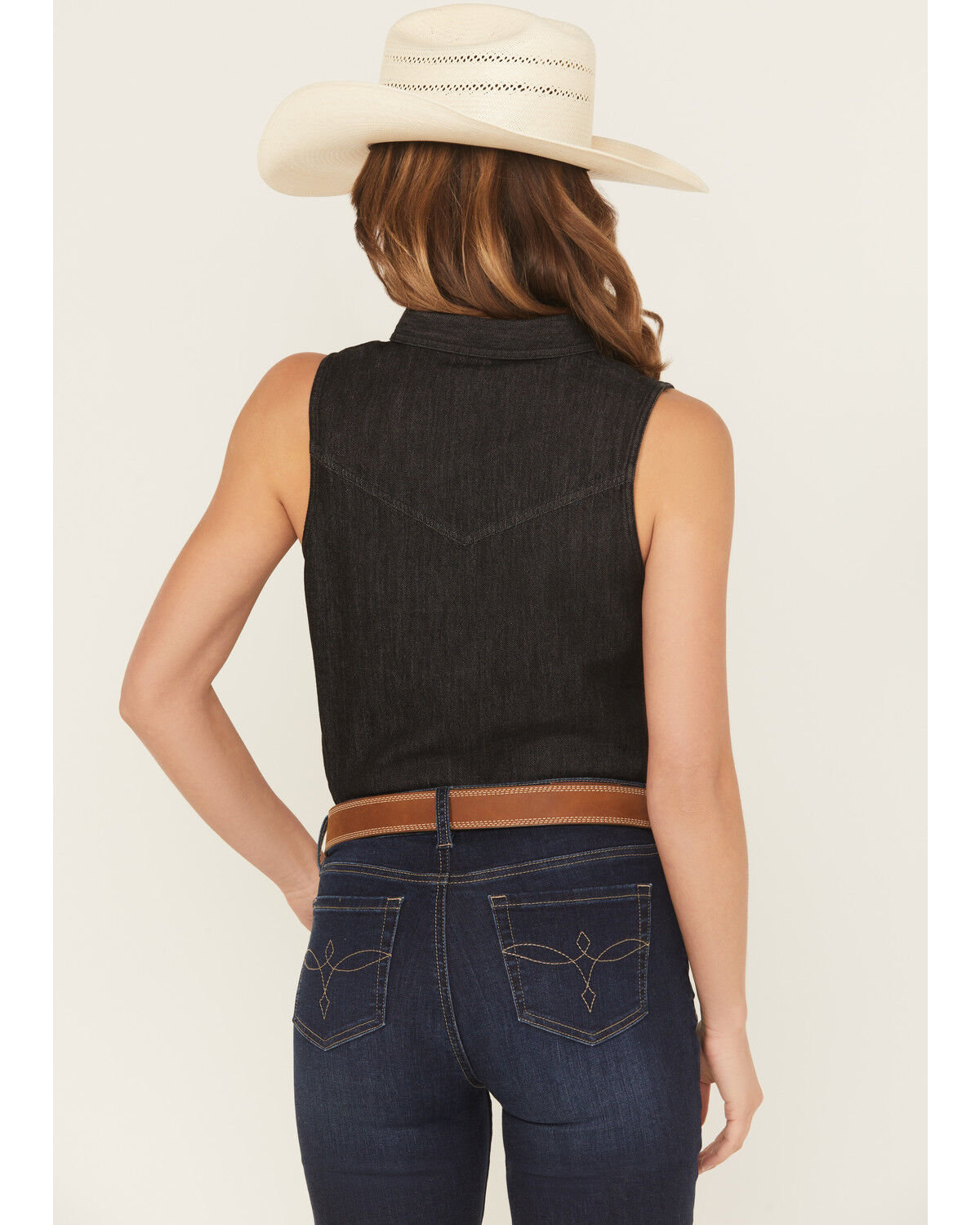 Image #4 - Shyanne Women's Chambray Sleeveless Button-Down Western Shirt, Black, hi-res