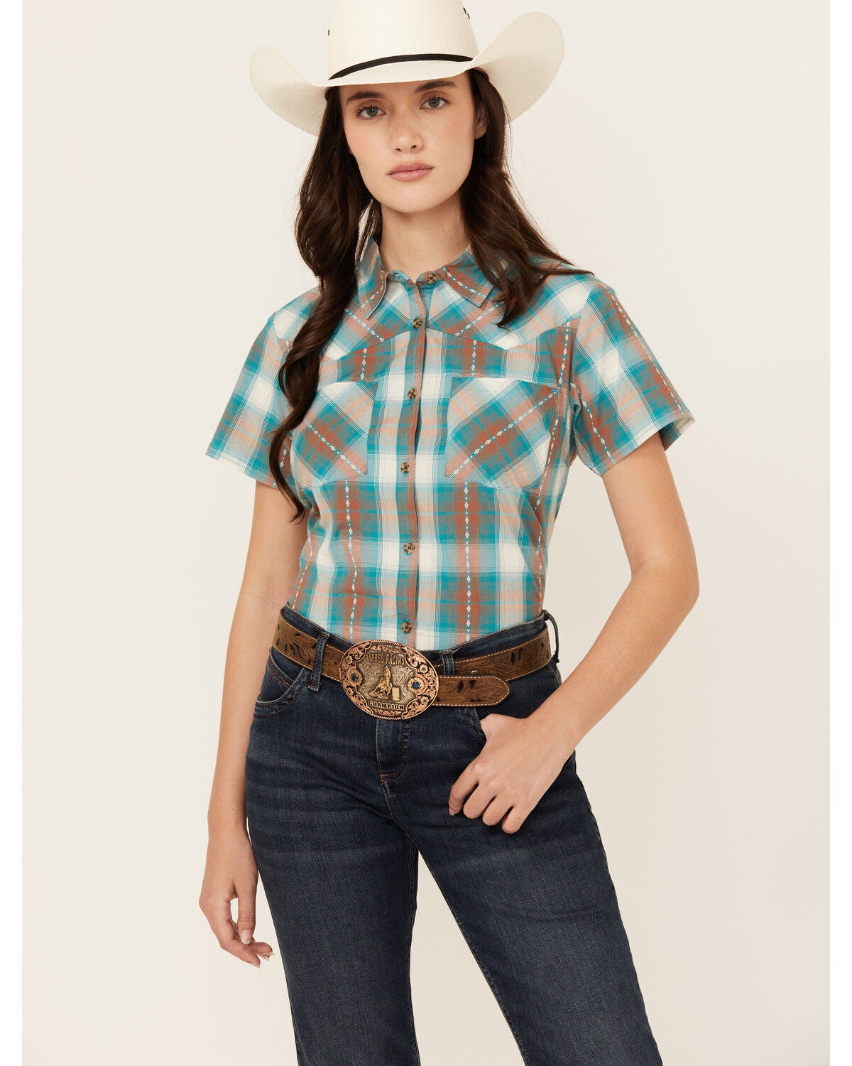 Shyanne Women's Plaid Print Short Sleeve Button-Down Stretch Western Shirt, Caramel, hi-res