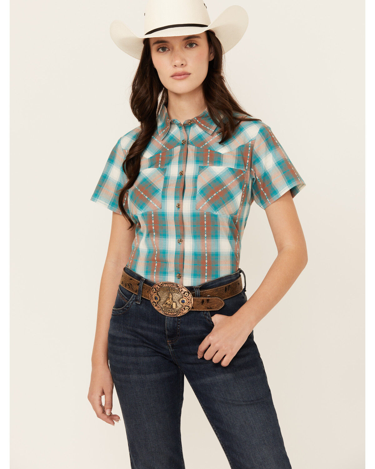 Image #1 - Shyanne Women's Plaid Print Short Sleeve Button-Down Stretch Western Shirt, Caramel, hi-res