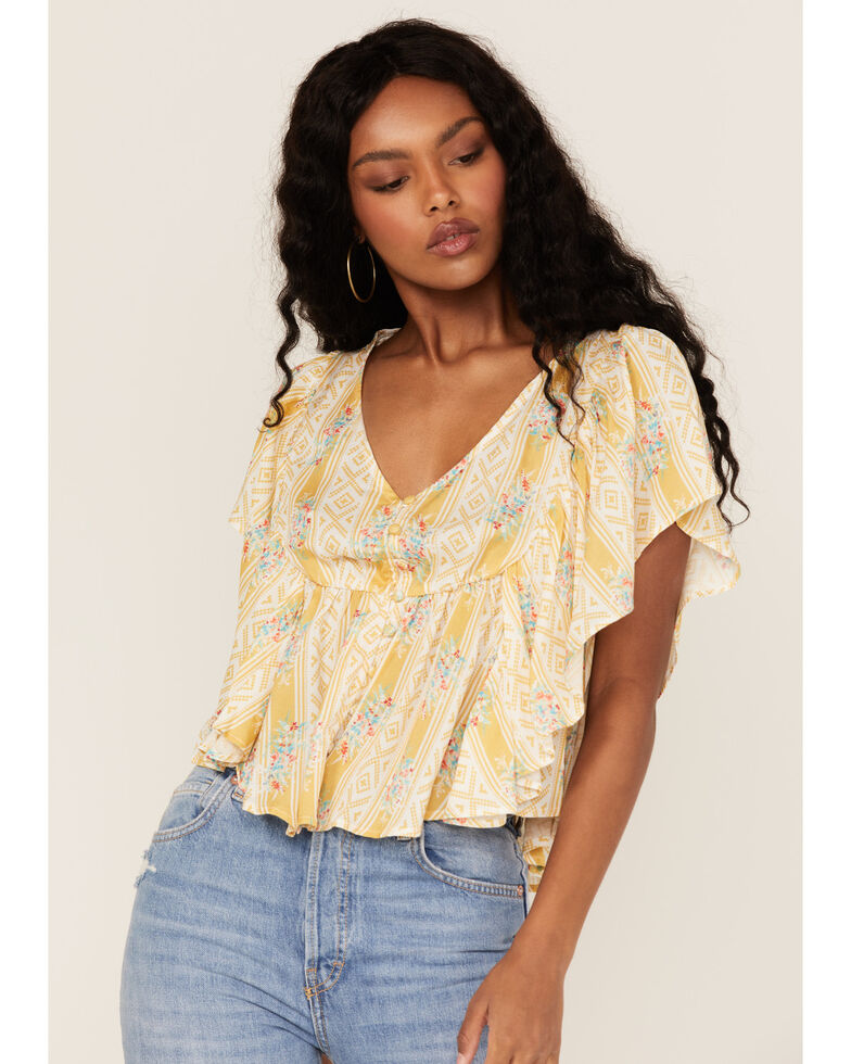 Roper Women's Southwestern Wallpaper Floral Print Ruffle Sleeve Top, Yellow, hi-res