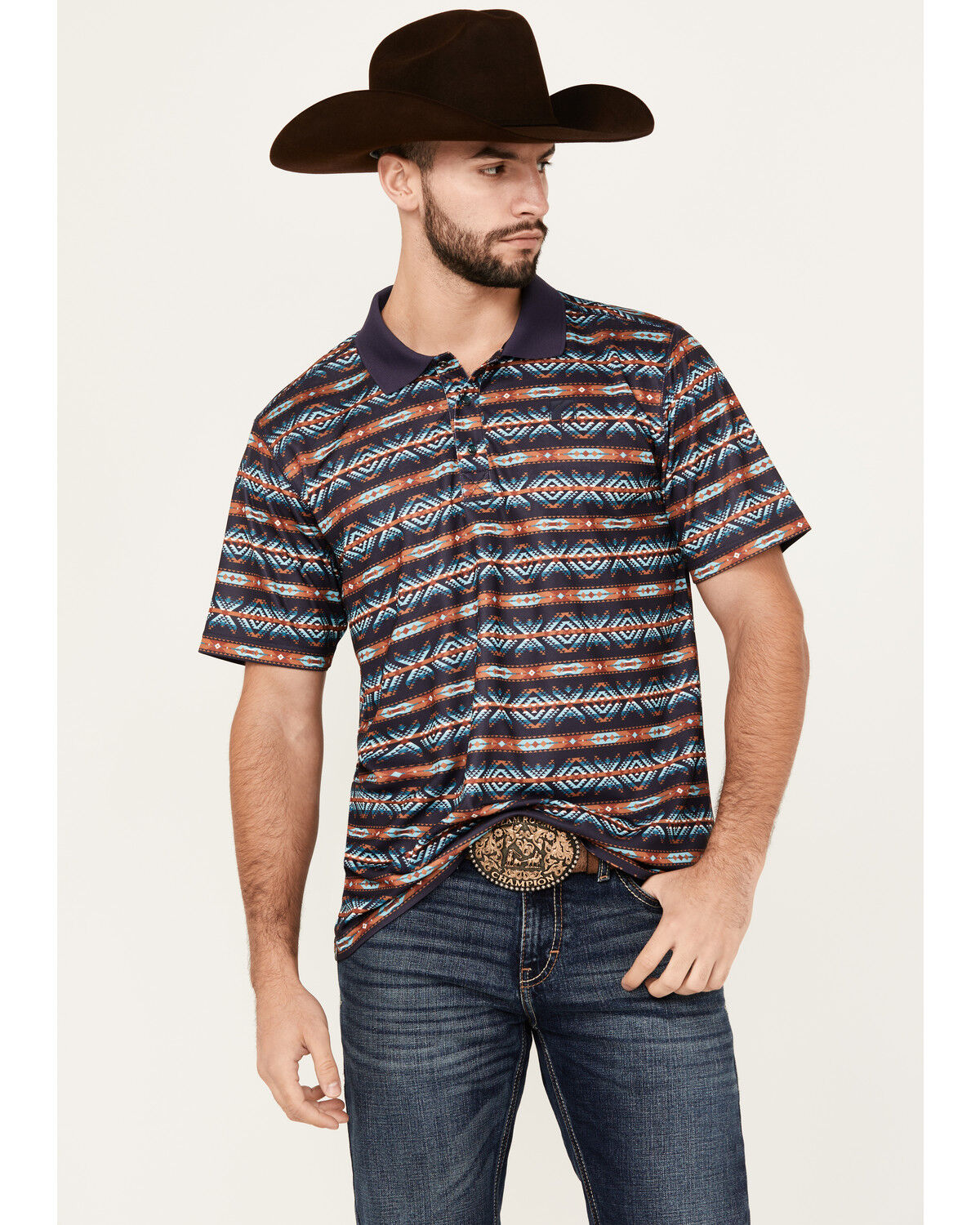 Image #1 - RANK 45® Men's Lusaka Southwestern Print Short Sleeve Polo Shirt, Dark Blue, hi-res