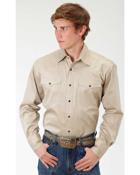Roper Men's Solid Poplin Long Sleeve Snap Western Shirt, Tan, hi-res