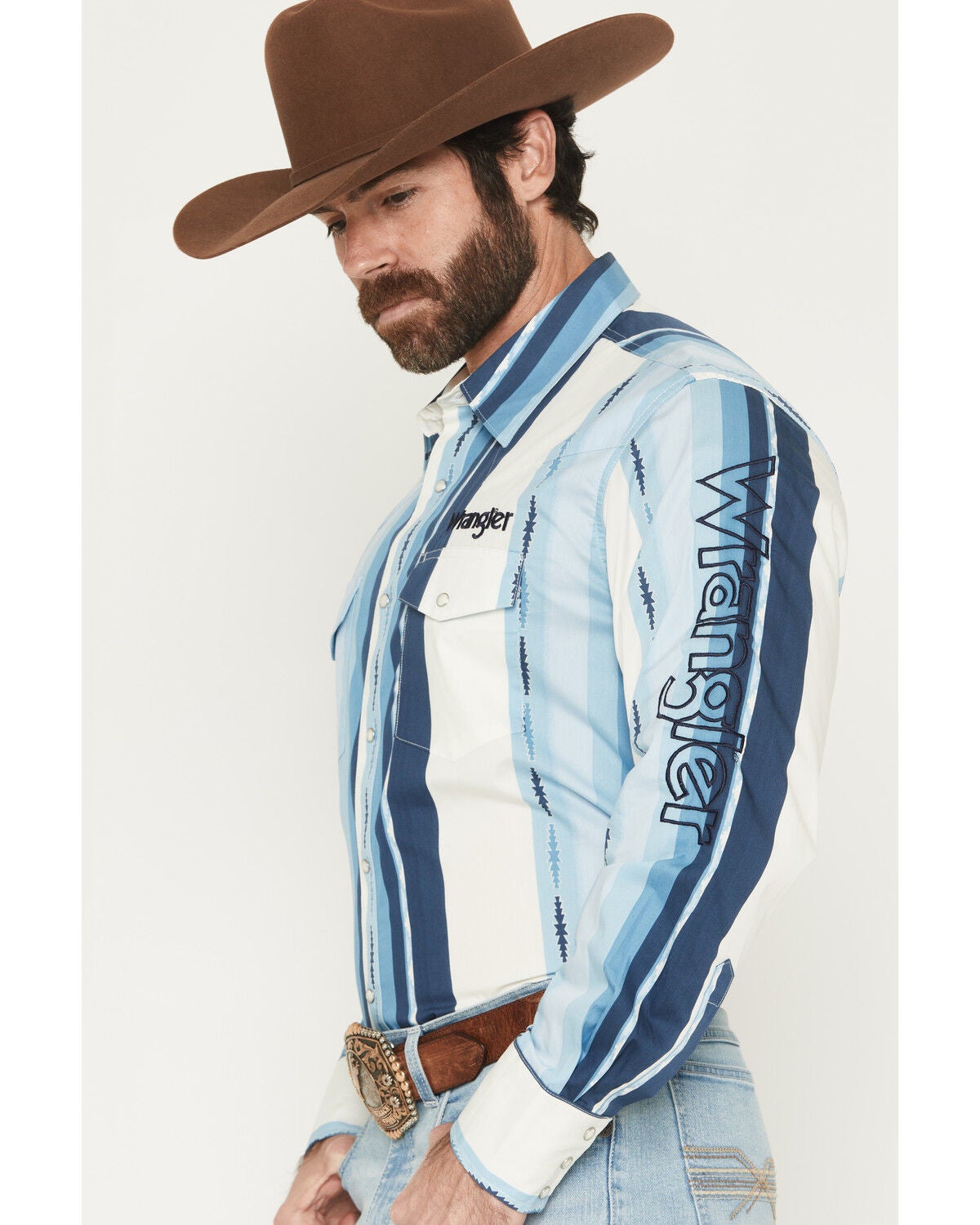 Image #2 - Wrangler Men's Logo Striped Long Sleeve Snap Western Shirt, Blue, hi-res