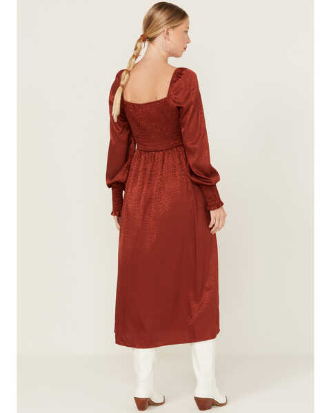 Image #4 - Wrangler Women's Jacquard Print Slit Long Sleeve Midi Dress , Rust Copper, hi-res