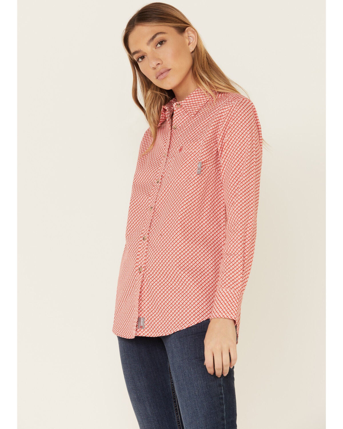 Ariat Women's Boot Barn Exclusive FR Sofia Geo Print Long Sleeve Button Down Work Shirt, Red, hi-res