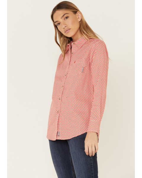 Ariat Women's FR Sofia Geo Print Long Sleeve Button Down Work Shirt, Red, hi-res