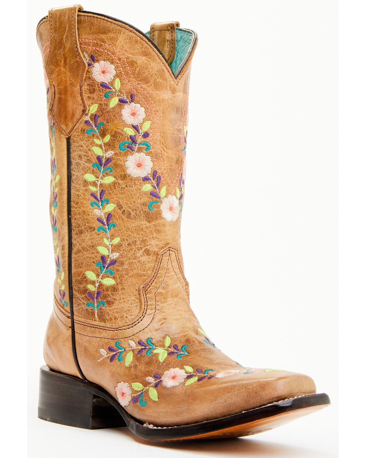 Corral Girls' Floral Embroidered Blacklight Western Boots - Square Toe, Honey, hi-res