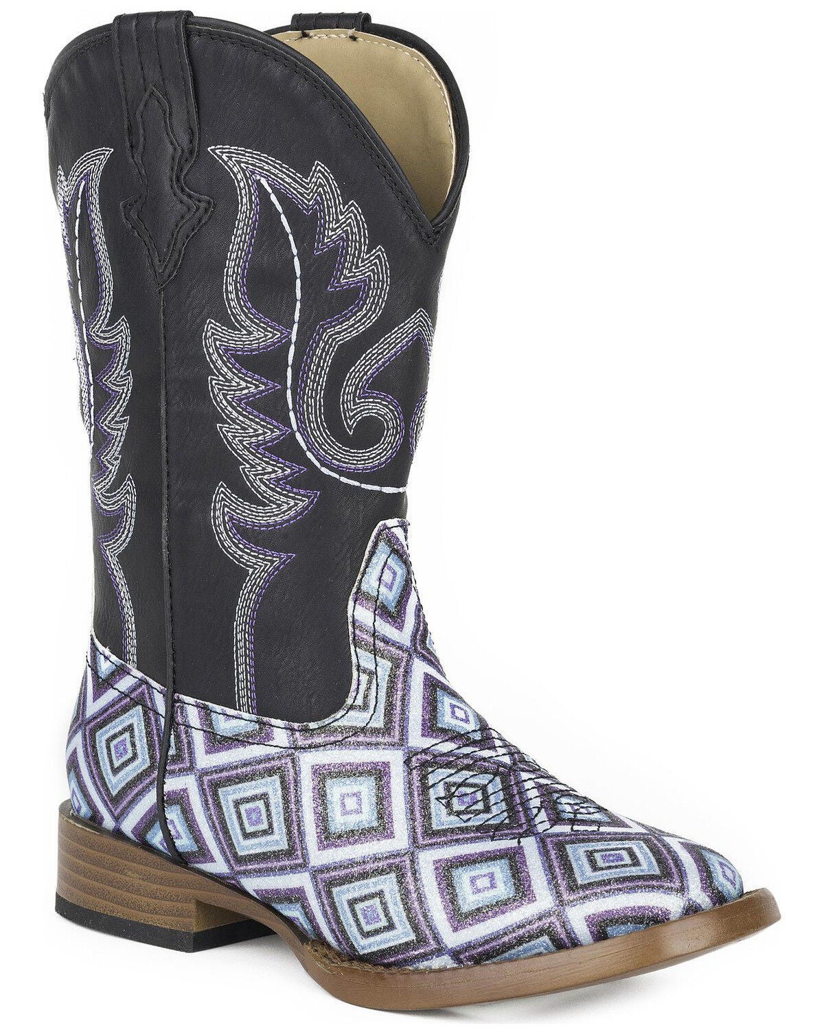 Roper Girls' Glitter Diamonds Western Boots - Square Toe, Blue, hi-res