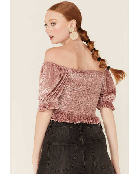 Image #3 - Jolt Women's Blush Velvet Off-The-Shoulder Peasant Crop Top, Blush, hi-res